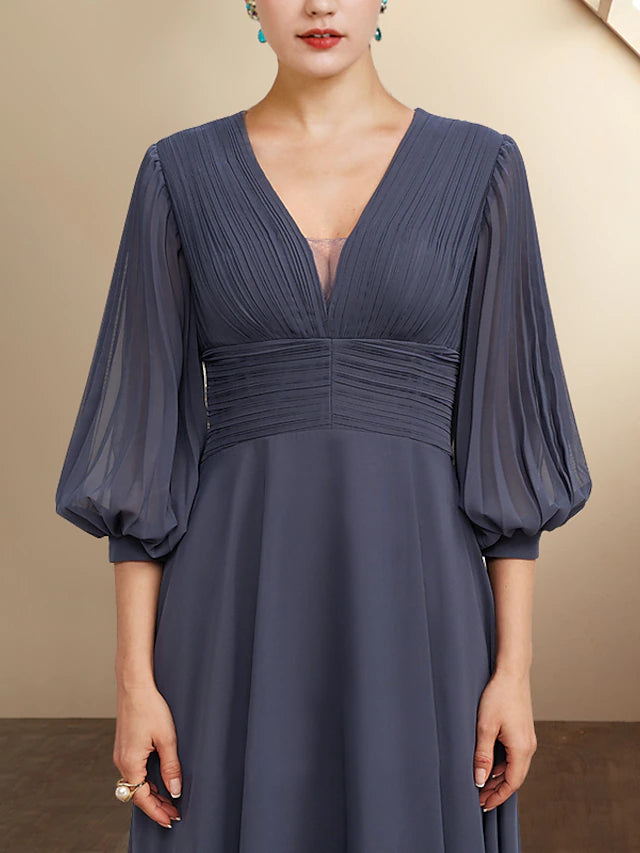 A-Linien-Kleid für die Brautmutter, Übergröße, elegant, V-Ausschnitt, knielang, Chiffon, 3/4-Ärmel, mit Falten, gerüscht